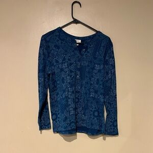 Style & Co Women's Henley Blue Paisley Print Long Sleeve Size L 100% Cotton